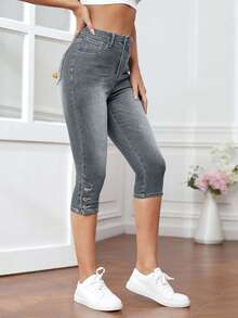 EURMUSE 女士时尚休闲口袋牛仔七分裤 - 灰色 - 查看 5