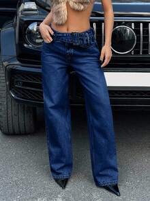 EURMUSE Low Waist Loose Straight Leg Jean Belt Detailed - Dark Wash - View 4