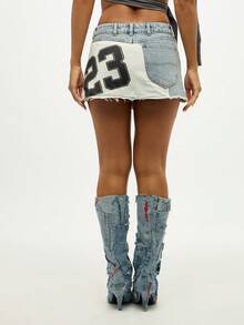 SUMWON WOMEN Custom Denim Mini Skirt With Jersey Number 23 Varsity Style Patch Design Classic Jean Raw Hem Edge Festival Summer Retro Athletic Inspired Fashion - Light Wash - View 2