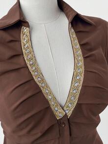 Sunspun Minimalist V-Neck Ruffle Trim Fitted Solid Color Blouse - Brown - View 2