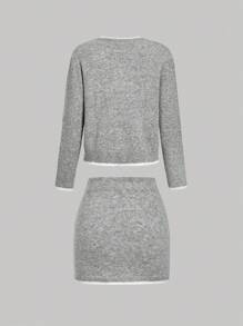 Skyraze 女士长袖单排扣开衫和 A 字裙套装，灰色 - 灰色 - 查看 11