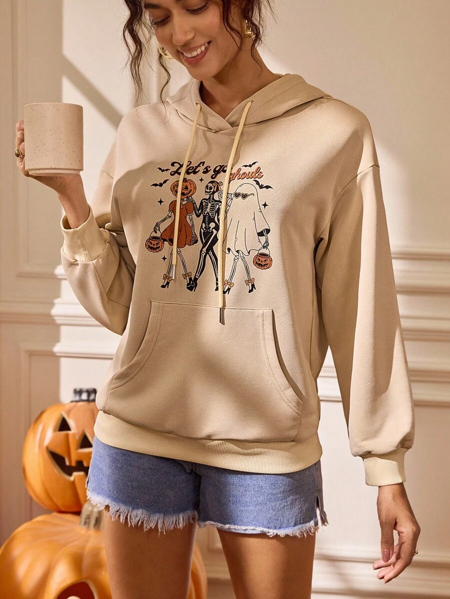 Glamance Lemon Design 女式字母和骷髅印花长袖抽绳连帽休闲运动衫万圣节运动衫图案连帽衫女式秋季服装女式万圣节连帽衫图案运动衫外出秋冬 - 杏色 - 查看 1