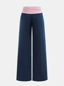 Tween Girls' Casual Contrast Foldover Waist Wide Leg Sweatpants, Spring/Summer Back To School Season Fall Winter