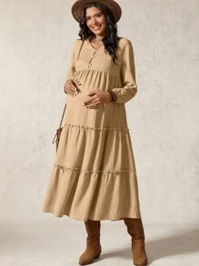 Boho Mama Maternity Solid Color Long Sleeve Button Design Frill Trim Casual Dress - Khaki - View 6