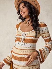 Boho Mama Pregnant Women's Striped Front Tie Long Sleeve Hollow Out Knit Dress - Multicolor - View 3