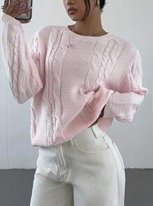 SHEIN TEENGIRL Loose Fit Crew Neck Long Sleeve Cable Knit Sweater, Casual College Style Pink Sweater For Girls Pink Sweater Tween Sweater For Tweens Teen Sweater Girls Pink Cable Knit Sweater Cropped Sweater Light Pink Sweater Aesthetic Sweater,In Fall/Winter