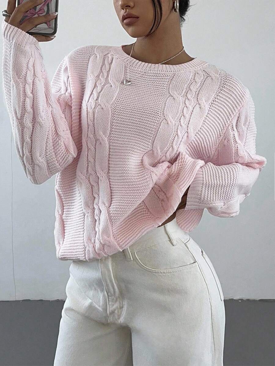 SHEIN TEENGIRL Loose Fit Crew Neck Long Sleeve Cable Knit Sweater, Casual College Style Pink Sweater For Girls Pink Sweater Tween Sweater For Tweens Teen Sweater Girls Pink Cable Knit Sweater Cropped Sweater Light Pink Sweater Aesthetic Sweater,In Fall/Winter