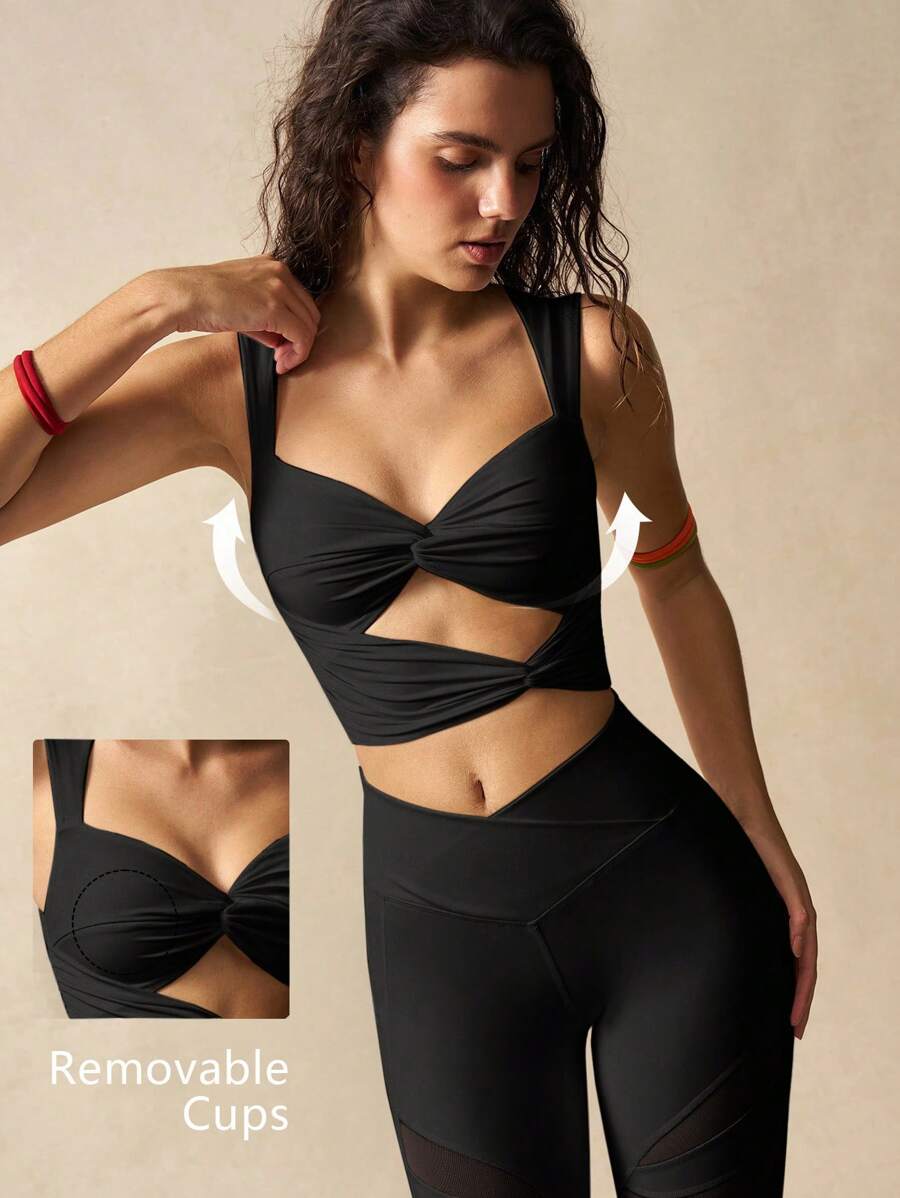 VARSIVA 女士纯色扭结镂空短款运动背心，夏季运动文胸 - 黑色 - 查看 1