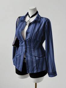 Sunspun 加大码条纹长袖修身棕色休闲衬衫，适合学校、工作、优雅场合和派对 - 藍色 - 查看 4