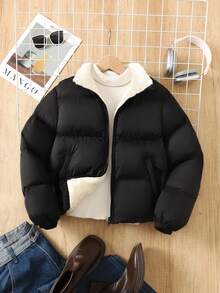 SHEIN 少女简约舒适时尚宽松短款立领羽绒服，拉链设计，简约时尚休闲，加厚设计，适合秋冬季节穿着。 - 黑色 - 查看 4