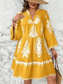 SHEIN VCAY Plus Size Vacation Flowers Babydoll Dress - Yellow - View 4