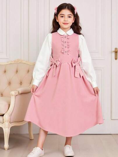 2 件套年轻女孩长袖正装衬衫和可爱蝴蝶结装饰无袖连衣裙套装，适合外出、聚会、上学和休闲活动