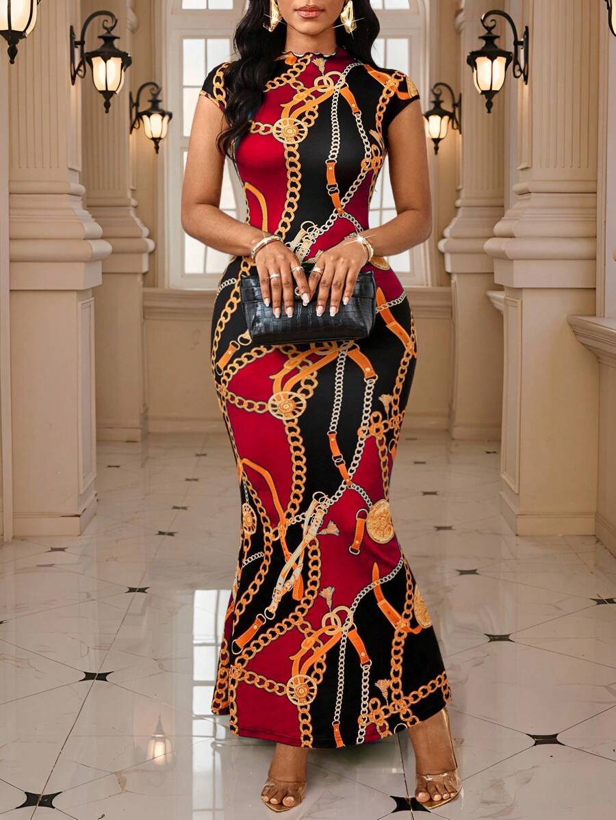 SHEIN Lady Đầm nữ kiểu dáng thanh lịch tay ngắn dáng đuôi cá in họa tiết dây xích, ôm sát, năm 2025, phong cách Ankara, đầm in họa tiết châu Phi. - Đỏ - Xem 1
