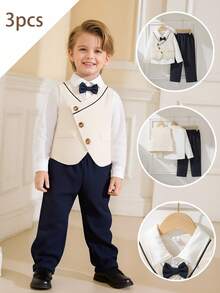 SHEIN 3pcs Young Boy Vintage Gentleman Vest Set With White Long Sleeve Shirt And Pants Boy Formal Set Little Boy Suit Set Boys Elegant Outfit Fall Winter - Multicolor - View 1