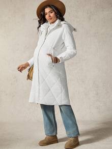 Boho Mama Maternity Solid Color Long Sleeve Hooded Padded Coat