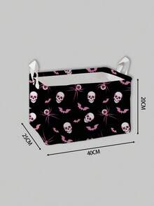ROMWE Goth 1pc Halloween Black Background All-Over Eye, Spider, Skull, Bat Print Storage Basket, Suitable For Bedroom, Living Room, Bathroom - Black - View 3