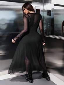 SHEIN EZwear 大码纯色网眼A字长袖休闲连衣裙 - 黑色 - 查看 2