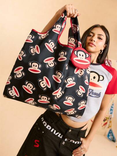 Paul Frank X SHEIN 1 件时尚可爱卡通猴子印花涤纶可折叠购物袋，手提袋，带可拆卸链条袋