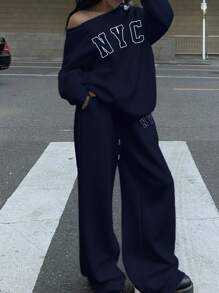 Muchica 2 件套女士纽约印花超大露肩宽松卫衣和阔腿羊毛裤套装，适合秋冬季 - 藏蓝色 - 查看 4