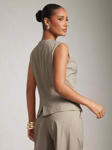 Hauture 女式基本款休闲办公室卡其色细条纹无袖背心 - 卡其色 - 查看 5