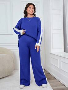 EURMUSE Conjunto de dos piezas de suéter y pantalones con mangas raglán - azul real - Ver 6