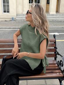 Serisse 秋冬女士立领碎花边侧系带宽松针织背心 - 橄欖綠 - 查看 3