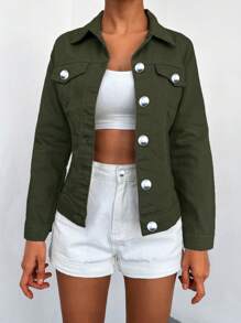 EURMUSE Flap Pocket Button Front Denim Jacket - Army Green - View 4