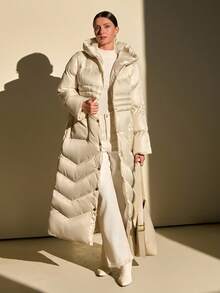 CLARA VERO Women Solid Color Belted And Pocket Detailed Long Winter Coats - Champagne - View 3