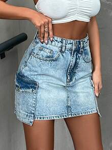 EURMUSE Cargo Pocket Details Mini Skirt - Light Wash - View 3