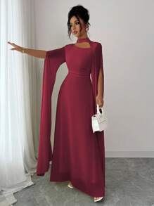 Elenzga Women's Elegant French Romantic Vacation Style Beach Dress, Chiffon Sheer Fabric, Hollow Collar, Criss-Cross Back Tie, Flared Maxi Skirt, Long Sleeve, Slit Cuffs, Suitable For Afternoon Tea, Party, Middle East Style, Spring/Summer Fall Cloth For Women - Burgundy - View 4