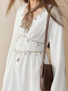 Florisole 度假休闲纯色吊坠装饰连衣裙 - 白色 - 查看 5