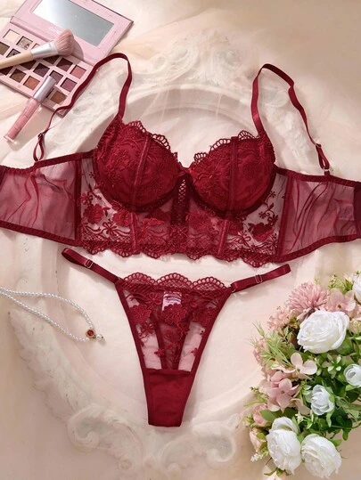 SHEIN 2pcs/Set Women's White Romantic Long Bra Lingerie Set Red Lace Lingerie Set Burgundy Lingerie Set Lace Bra And Panty Set Maroon Lingerie