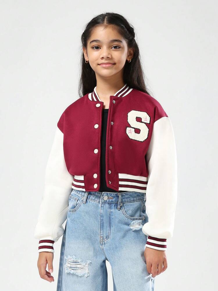 Cropped Varsity Bomber With Letter Patch And Stripes
