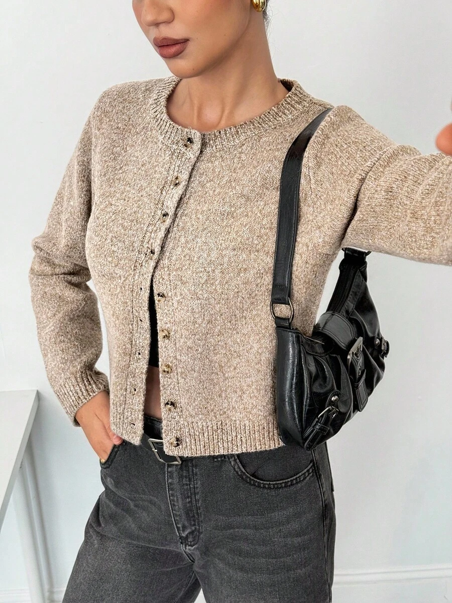 SHEIN Tall Autumn And Winter Women's Khaki Round Neck Long Sleeve Single-Breasted Casual Short Wool Knit Thick Cardigan, Short Jumper, Cute Jumper, Fall Women Clothes, Going Out Tops, Business Casual Woman, Fall Sweaters, Office Attire, Basic Sweaters,Fall Clothes For Women,Chic Blouse For Women,Long Sleeve Going Out Top,Elegant,Civil Wedding,Wedding Guest , Party