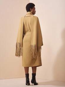 Zivah 2025 Nouvelle arrivée Automne/Hiver, Festival de musique, Saison de remise des diplômes, Style universitaire, Vêtements d'étudiant, Décontracté quotidien, Vacances, Plage, Streetwear, Élégant pour le trajet, Manteau à revers, Manteau à ceinture à la taille, Écharpe à franges, Manteau kaki long