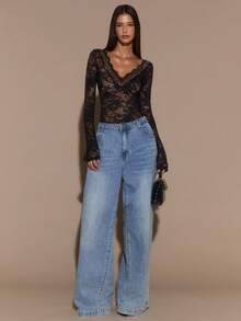 SHEIN BAE Women's Solid Black Long Sleeve Top, Sexy Deep V-Neck Lace Flare Sleeve Sheer Minimalist Elegant Romantic Blouse, Suitable For Layering, Romantic Dates, Parties In Autumn/Winter - Black - View 5