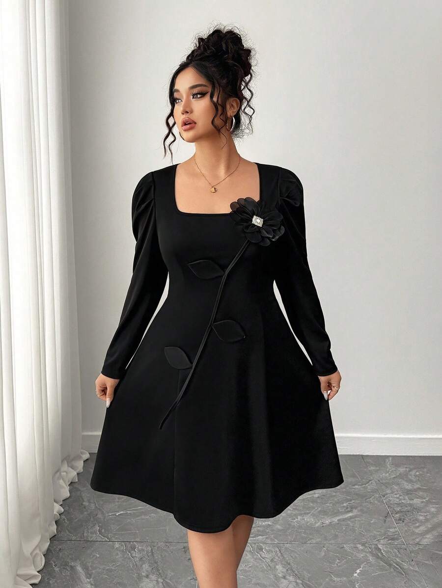 Elenzga Plus Size Women's 3D Floral Square Neck Long Sleeve Dress, Elegant, Soft, Retro, Luxury, Romantic Maxi Dress Fall Cloth For Women - Black - View 1