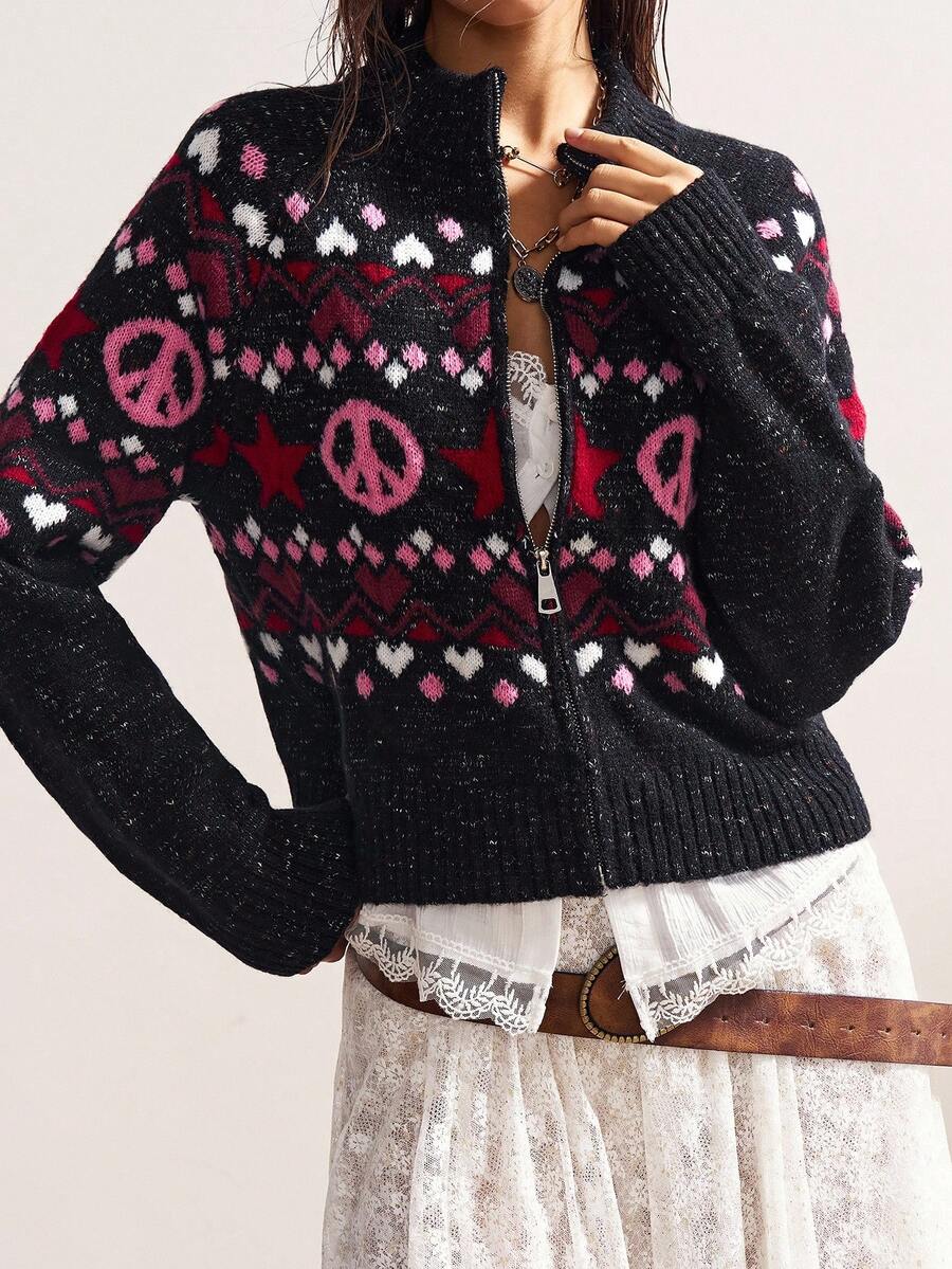 Bohemela Cárdigan con cremallera y mangas raglán con patrón geométrico para mujer en otoño/invierno - Negro - Ver 1