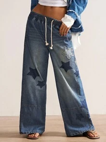 Bohemela 女士休闲纯色梭织牛仔裤，波西米亚复古风格，秋冬 - 藍色 - 查看 3