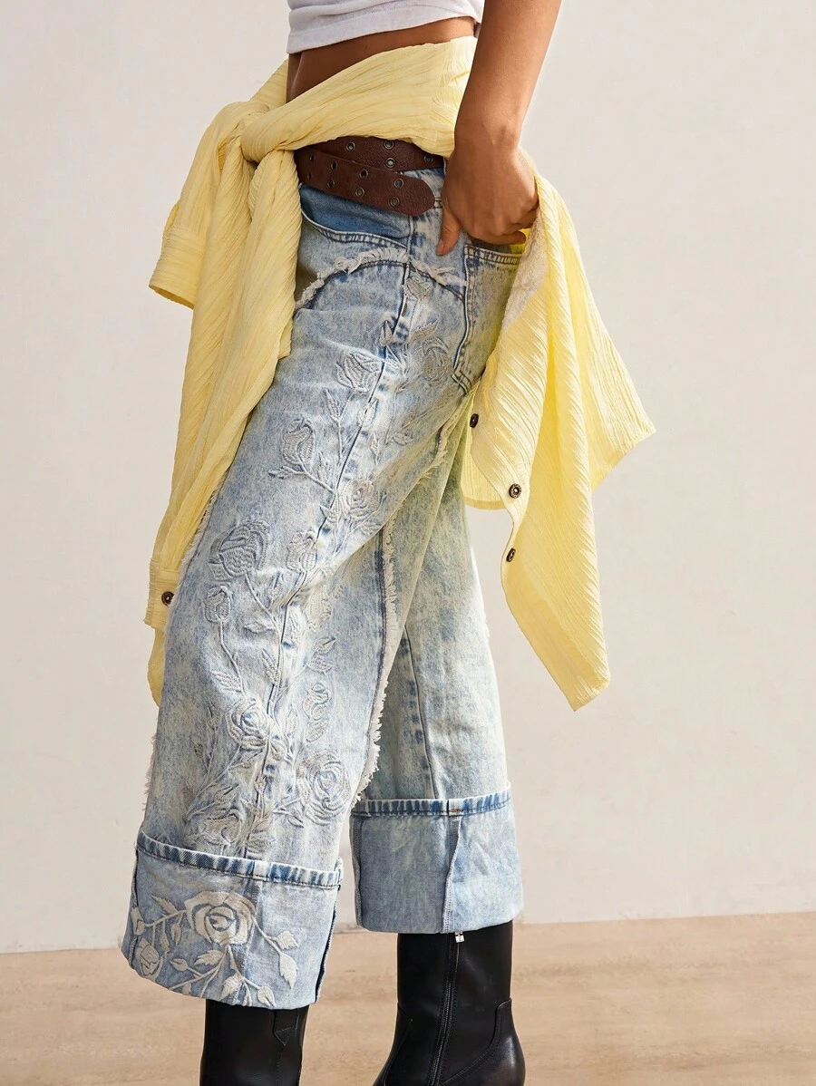 Bohemela 波西米亚乡村度假复古休闲纯色刺绣梭织宽松直筒女裤 - 淺藍色 - 查看 1