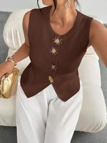 Firerie Damska metalowa ozdoba słoneczna z okrągłym dekoltem, modna dzianinowa kamizelka w dużym rozmiarze, bez rękawów, dzianinowy top w kolorze brązowym, damska letnia bluzka, dzianinowy top, sweter, kamizelka na jesień/zimę