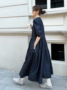 SHEIN Unity 女式秋季深牛仔蓝休闲通勤长款牛仔连衣裙，女式秋季服装，返校节服装，外出服装，商务休闲女装，哥特式女装 - 深色水洗藍 - 查看 3