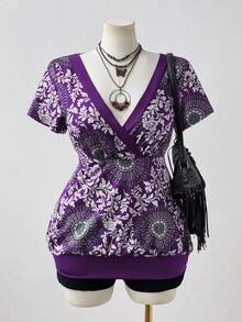 Sunspun 大码女式春夏短袖撞色图腾印花优雅复古休闲度假A字T恤 - 紫色 - 查看 1