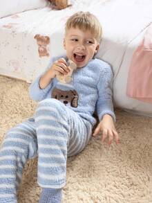 2pcs Young Boy Blue Cartoon Dog Embroidered Fleece Pajama Set,Winter Kids Plush Loungewear,Autumn,Family Matching Sleepwear For Kids Fall - Blue - View 4