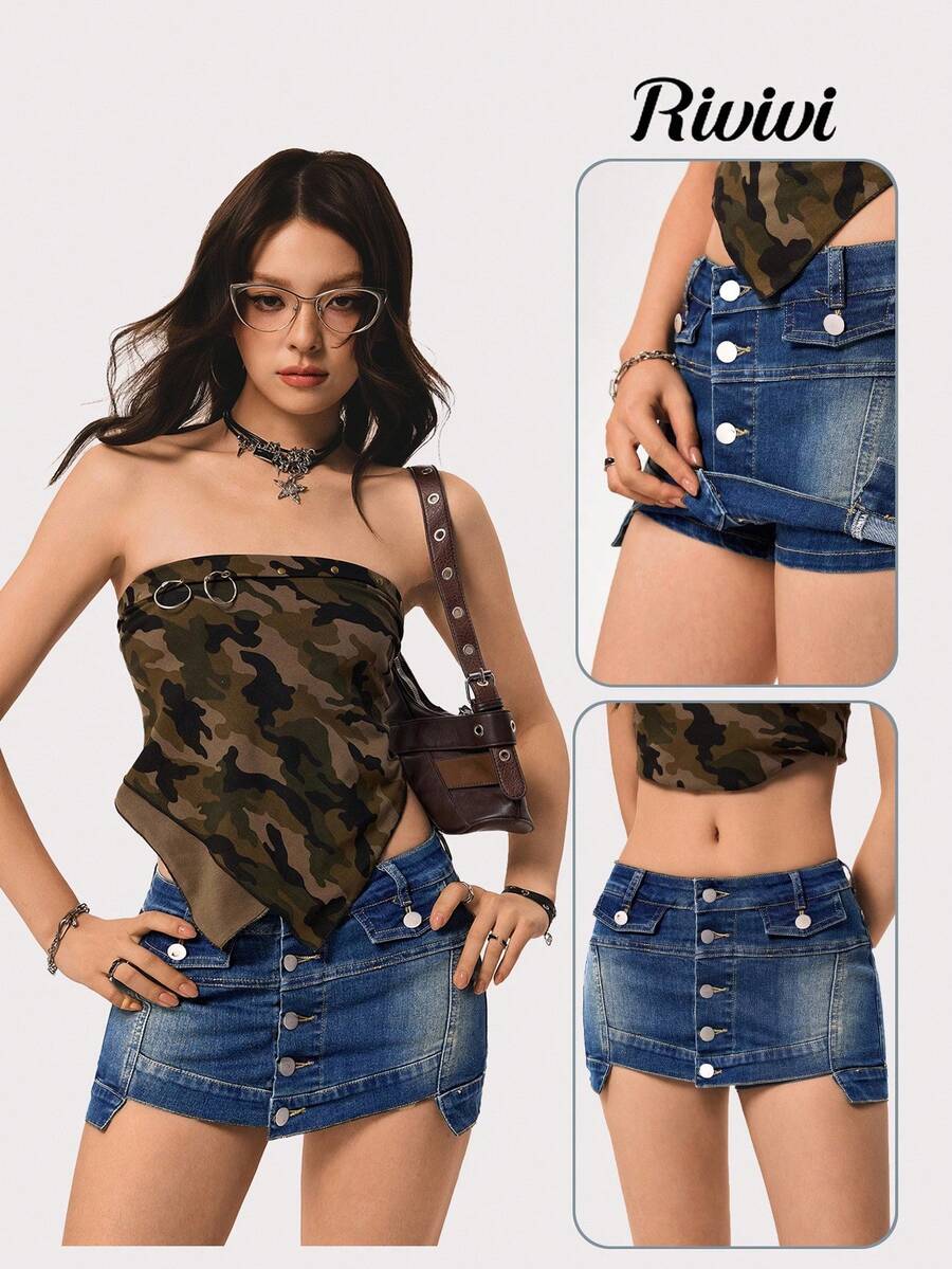 SHEIN EZwear Shorts vaqueros casuales de moda para mujer con parches asimétricos - Azul lavado oscuro - Ver 1