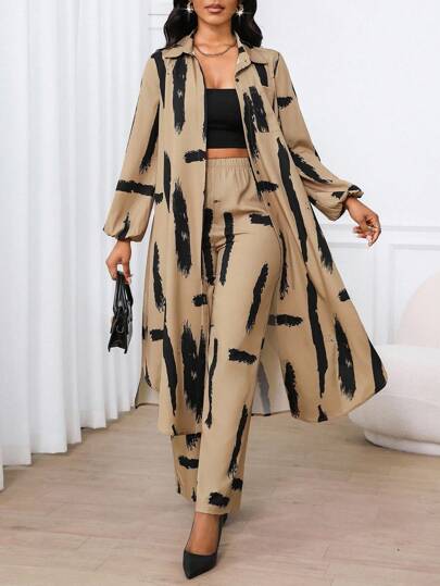 SHEIN Lady Spring And Summer Autumn And Winter Casual Elegant Work Colorful Woven Shirt Collar Bishop Sleeve Pocket Long Long Sleeve Co-Ords Vacation Two Pieces Set Church Outfits Women Office Outfits For Women Summer Outfits For Women,2 Pieces Summer Outfit Women Two Piece Outfits