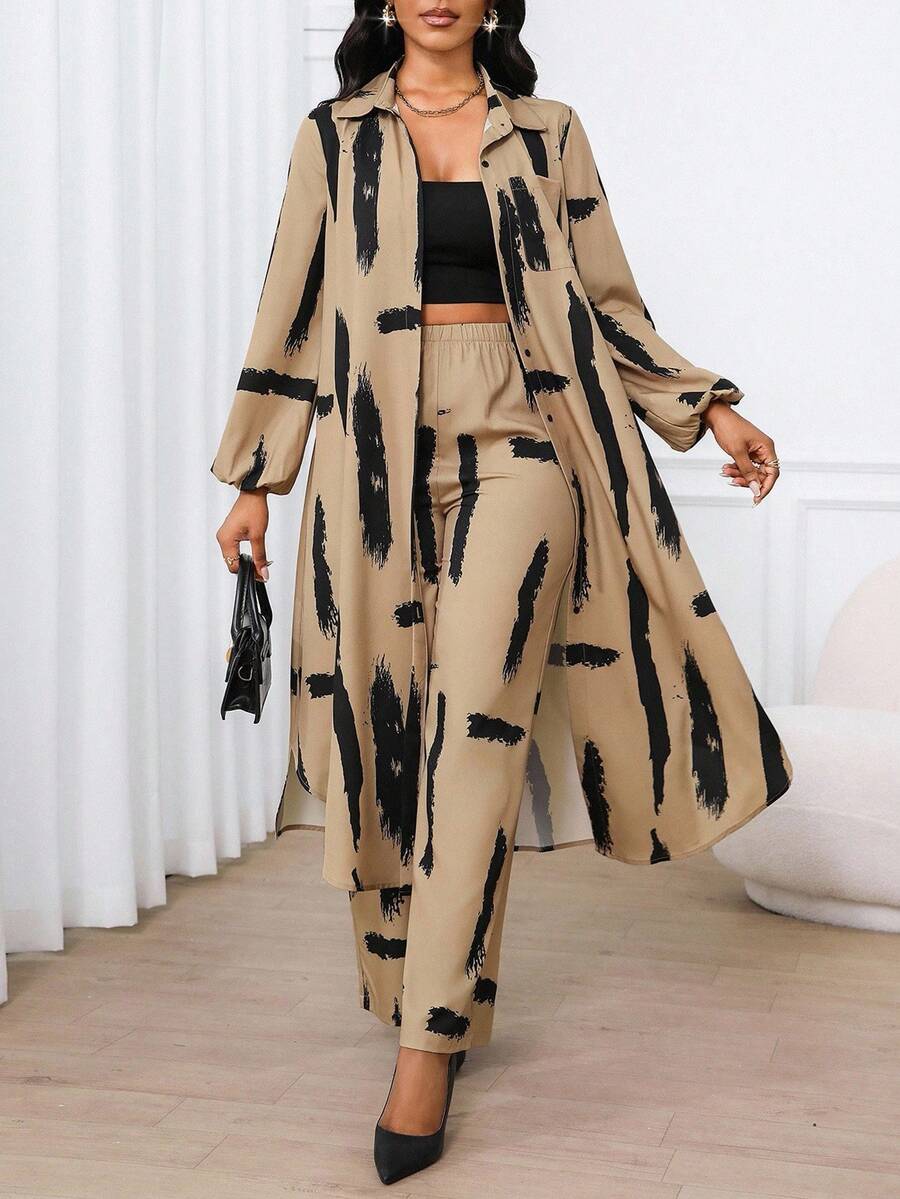 SHEIN Lady 春夏秋冬休闲优雅工作彩色梭织衬衫领主教袖口袋长袖套装度假两件套教堂服装女士办公室服装女士夏季服装，2 件夏季服装 - 彩色 - 查看 1