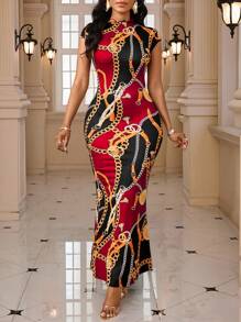 SHEIN Lady Đầm nữ kiểu dáng thanh lịch tay ngắn dáng đuôi cá in họa tiết dây xích, ôm sát, năm 2025, phong cách Ankara, đầm in họa tiết châu Phi. - Đỏ - Xem 5