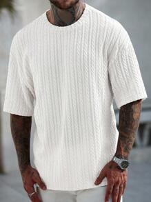 Manfinity CasualCool 男士夏季圆领短袖休闲宽松针织提花T恤男针织上衣男士白色T恤男士针织衫男白色针织T恤纹理T恤男 - 白色 - 查看 4