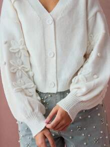 Enchnt Women's 3D Floral Decor Drop Shoulder Long Sleeve Knitted Cardigan In Fall/Winter - Apricot - View 1